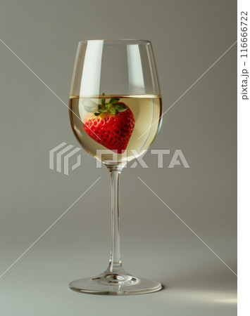 A Single Strawberry Submerged in White Wine in a Glass on a Gray Surface A Single Strawberry Submerged in White Wine in a Glass on a Gray Surface 116666722
