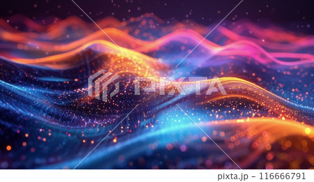 Abstract Wavy Red And Blue Digital Design With Glowing Particles 116666791
