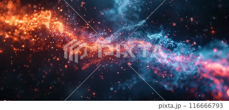 Abstract Red and Blue Glitter Waves on Dark Background 116666793