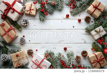 Christmas Gift Wrapping Flat Lay With Red And Green Decorations 116666879