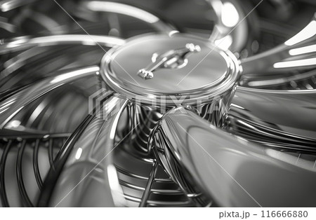 Close Up of a Shiny Metal Fan Blade With a Center Hub 116666880