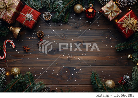 Festive Christmas Decorations on Brown Wooden Plank Background 116666893