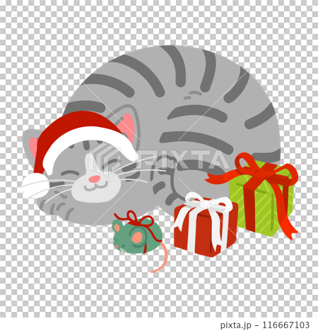 A simple and cute illustration of a sleeping tabby cat curled up, Christmas, no main lines 116667103