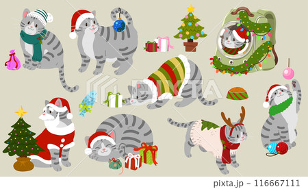 シンプルで可愛いクリスマスのサバトラ猫のイラストセット　主線なし 116667111