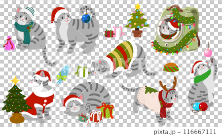 シンプルで可愛いクリスマスのサバトラ猫のイラストセット　主線なし 116667111
