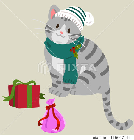 プレゼントの横で座るシンプルで可愛いサバトラ猫のイラスト クリスマス 主線なし プレゼントの横で座るシンプルで可愛いサバトラ猫のイラスト クリスマス 主線なし 116667112