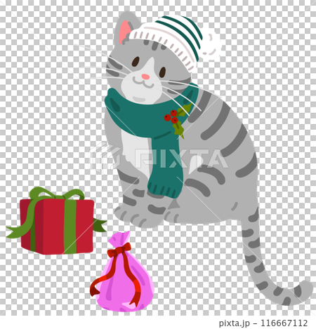 プレゼントの横で座るシンプルで可愛いサバトラ猫のイラスト クリスマス 主線なし プレゼントの横で座るシンプルで可愛いサバトラ猫のイラスト クリスマス 主線なし 116667112