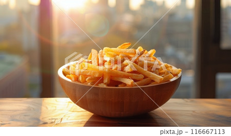 Bowl of Crispy French Fries on a Table by a Window 116667113
