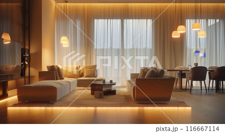 Modern Living Room Interior Design With Sunset View 116667114