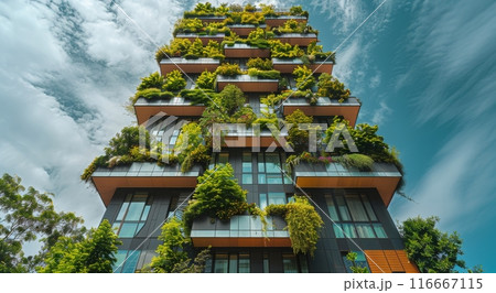 Modern Apartment Building With Lush Greenery and Cloudy Sky 116667115