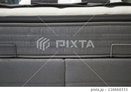Detailed closeup view of gray mattress showcasing knitted design, offering comfort and style Detailed closeup view of gray mattress showcasing knitted design, offering comfort and style 116668333