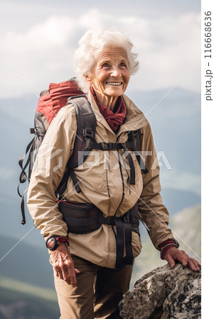 Elderly Woman Hiking in the Mountains 116668636