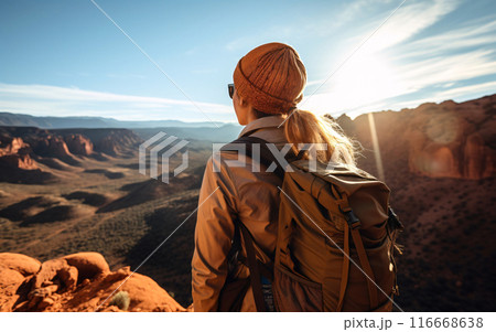 Woman exploring desert landscape 116668638