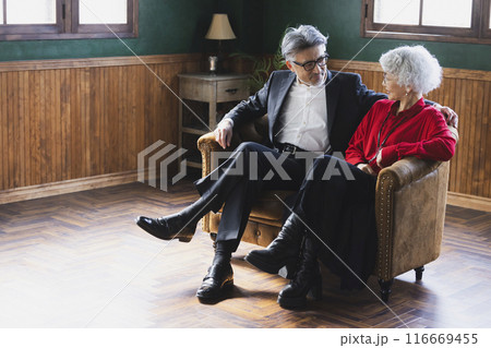ソファに座るグレイヘアのカップル ソファに座るグレイヘアのカップル 116669455