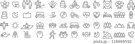 ベクターでモノクロのウェルネスに関する線画アイコンセット 116669592