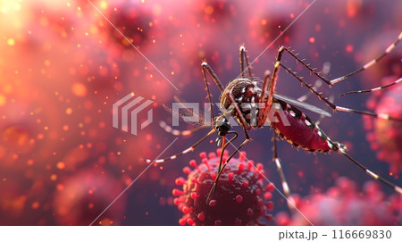 Dengue fever. Close up Mosquito and virus on background 116669830