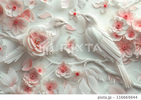 A white and pink floral background with two birds and a heart A white and pink floral background with two birds and a heart 116669844