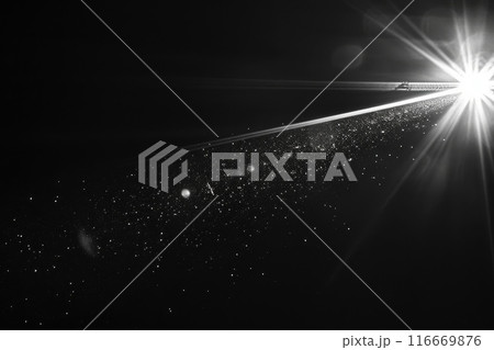 A black and white photo of a bright light shining on a dark background 116669876