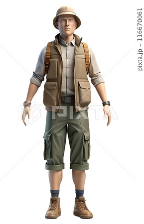Mannequin in utility vest, cargo shorts, trail sneakers, cap, watch 116670061