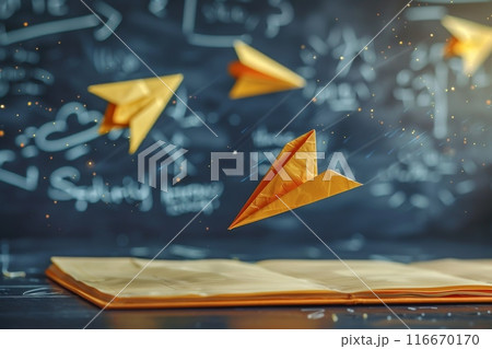 The airplanes are yellow and appear to be in motion 116670170