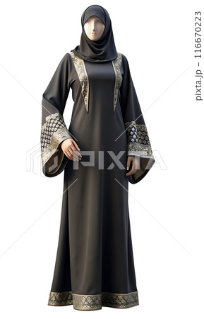 Full-body mannequin in black abaya, hijab, and elegant flats 116670223