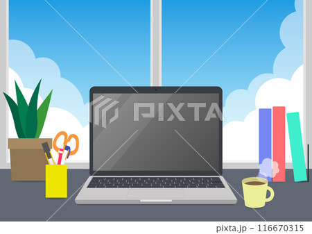 パソコンが置いてあるテーブルのイラスト背景素材 116670315