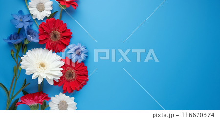 Colorful flowers on a blue background with copy space on the left side. Generative AI 116670374