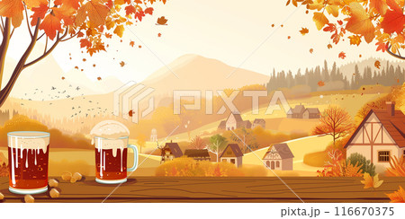 Two mugs of beer on a table overlooking an autumnal Bavarian village. Generative AI 116670375