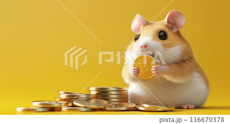 A hamster sits on a pile of gold coins, holding one in its paws. Generative AI 116670378
