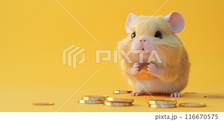 A small hamster sits on top of a pile of gold coins. Generative AI 116670575