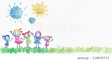 Five children stand in a field of grass with the sun shining above them. Generative AI 116670771