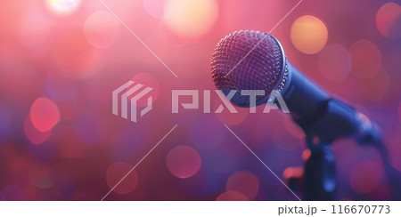 Mic in front of blurred lights. Generative AI 116670773