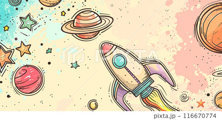 A cartoon rocket ship flies through space, surrounded by planets and stars. Generative AI 116670774