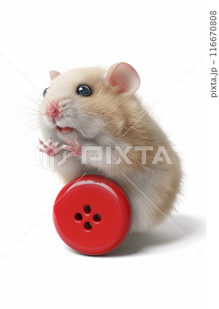 A cute hamster balances on a large red button. Generative AI 116670808