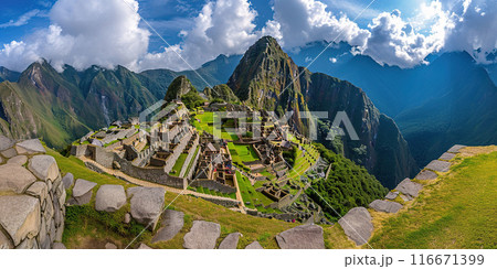 Historic Sanctuary of Machu Picchu on a mountain ridge, Eastern Cordillera of southern Peru. Incan citadel in the Andes Mountains, ancient civilization, nature panorama landscape background 116671399