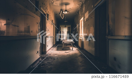 ストレッチャーが放置された廃病院の薄暗い病院の廊下 116671489