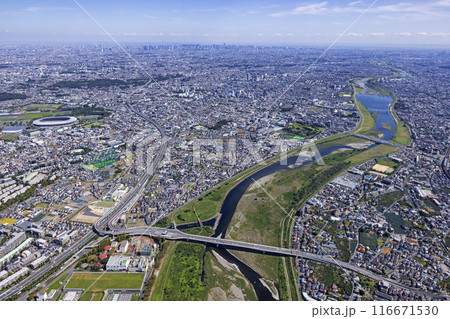 多摩川稲城大橋より都心を望む・ 多摩川稲城大橋より都心を望む・ 116671530