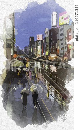 水彩画風　心斎橋　道頓堀川　大阪府大阪市 116671533