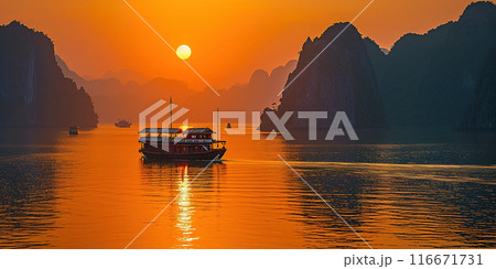 Ha Long Bay, Halong bay World Heritage Site, limestone islands, emerald waters with boats in Quang Ninh province, Vietnam. Sunset, travel destination, natural wonder landscape background wallpaper 116671731