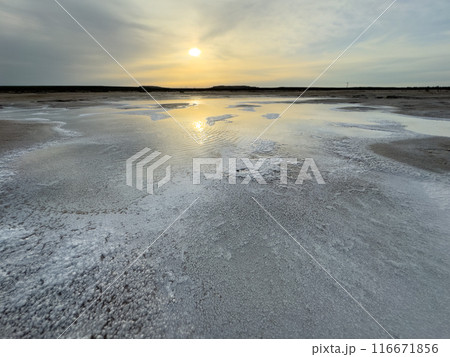 Sunset reflection on salt flats with serene scenic view Sunset reflection on salt flats with serene scenic view 116671856