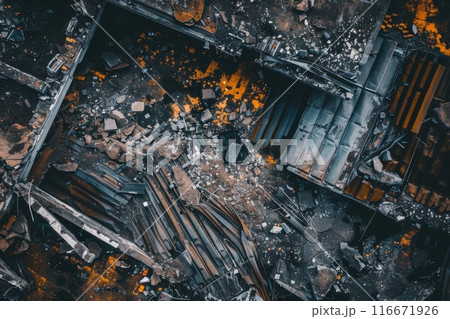 Aerial view of destroyed building with debris and rubble Aerial view of destroyed building with debris and rubble 116671926