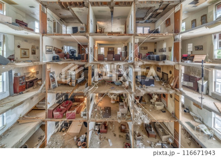 Collapsing apartment building interior showing multiple rooms and damage 116671943