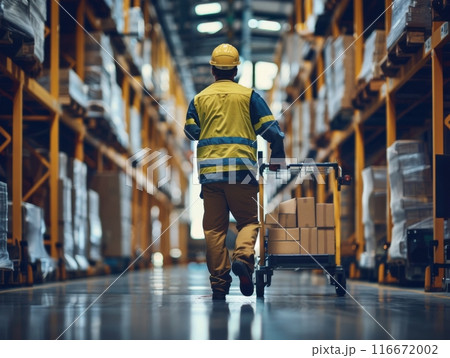 Warehouse worker pushing cart with boxes in storage facility 116672002