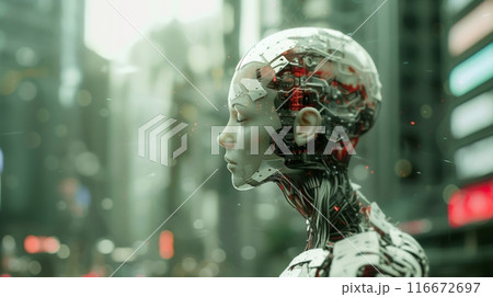Futuristic cybernetic humanoid in advanced city with neon lights embodies innovation and progress Futuristic cybernetic humanoid in advanced city with neon lights embodies innovation and progress 116672697
