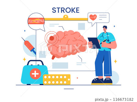 A Vector Illustration of Human Brain Stroke Highlighting Medical Details, Hemorrhage, and Pain Points for Health Checks in a Flat Cartoon Background 116673182