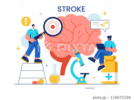 A Vector Illustration of Human Brain Stroke Highlighting Medical Details, Hemorrhage, and Pain Points for Health Checks in a Flat Cartoon Background A Vector Illustration of Human Brain Stroke Highlighting Medical Details, Hemorrhage, and Pain Points for Health Checks in a Flat Cartoon Background 116673188