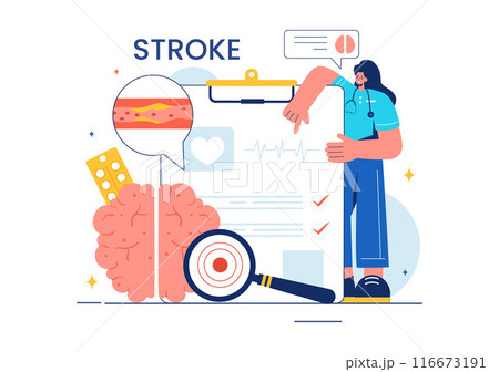 A Vector Illustration of Human Brain Stroke Highlighting Medical Details, Hemorrhage, and Pain Points for Health Checks in a Flat Cartoon Background 116673191