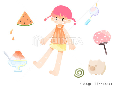 ポップなかわいい暑い夏と女の子のイラスト 116673834