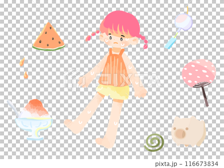 ポップなかわいい暑い夏と女の子のイラスト 116673834