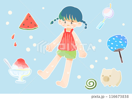 ポップなかわいい暑い夏と女の子のイラスト ポップなかわいい暑い夏と女の子のイラスト 116673838
